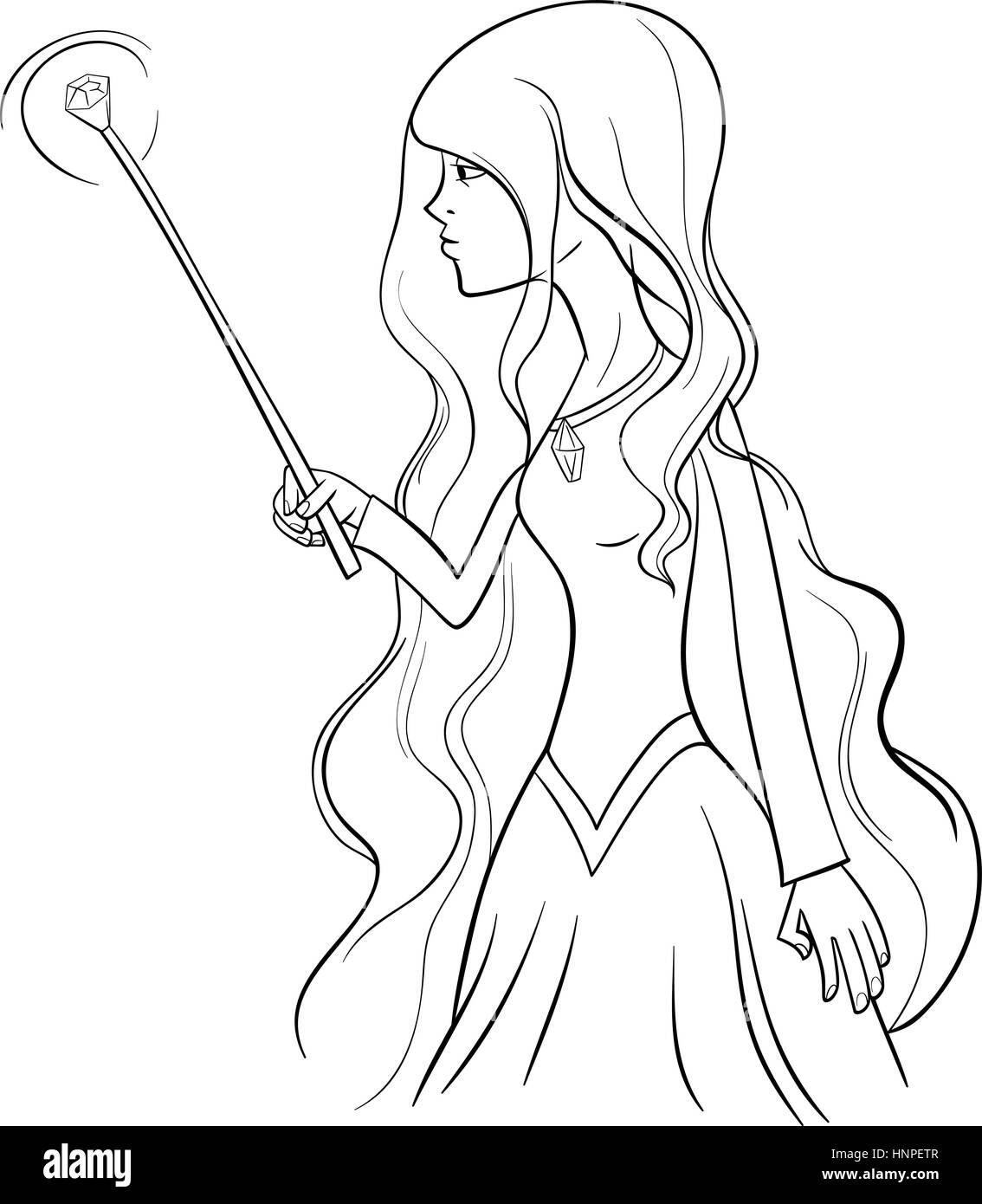 Bianco e Nero Cartoon illustrazione della strega fantasia donna di carattere nella pagina di colorazione Illustrazione Vettoriale