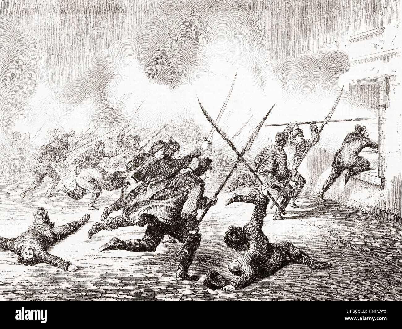Un distacco del corpo Chmielinski perseguendo i russi nel villaggio di Ponik, Polonia durante la rivolta di gennaio del 1863. Da L'Univers illustre, pubblicato a giugno 1863 Foto Stock