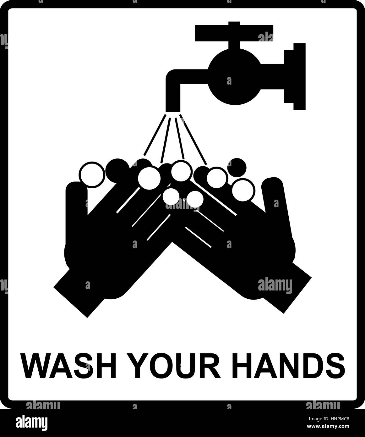 Il vettore si prega di lavarsi le mani befove mangiare, bere o fumare segno, avviso adesivo per luoghi pubblici, WC, Illustrazione Vettoriale