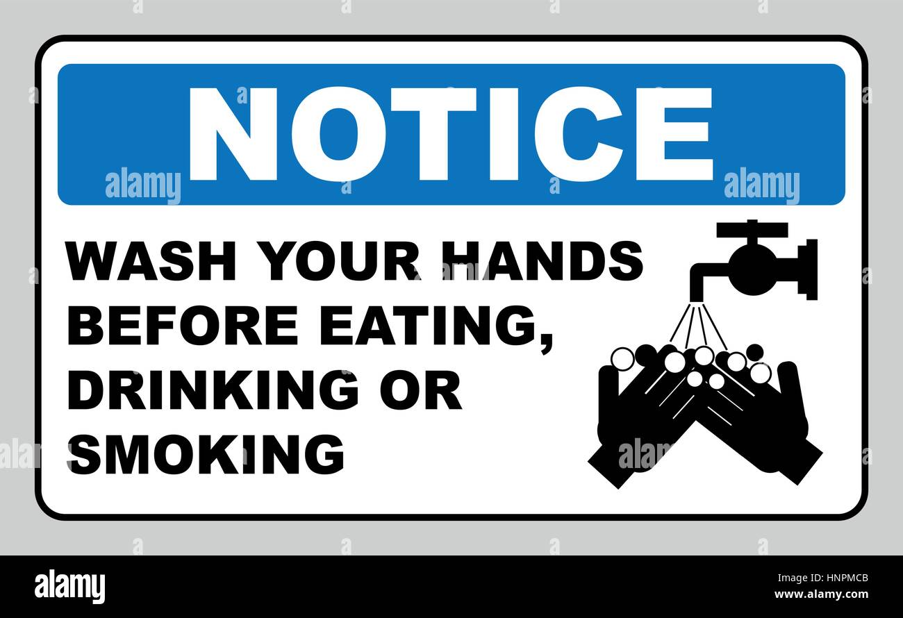 Il vettore si prega di lavarsi le mani befove mangiare, bere o fumare segno, avviso adesivo per luoghi pubblici, WC, Illustrazione Vettoriale