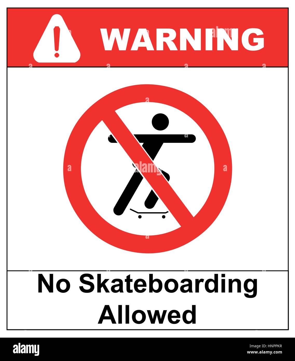 Illustrazione vettoriale di una non consentita per la corsa su skateboard segno con silhouette uomo. avviso banner per street, all'aperto e parchi con il simbolo in rosso prohibiti Illustrazione Vettoriale