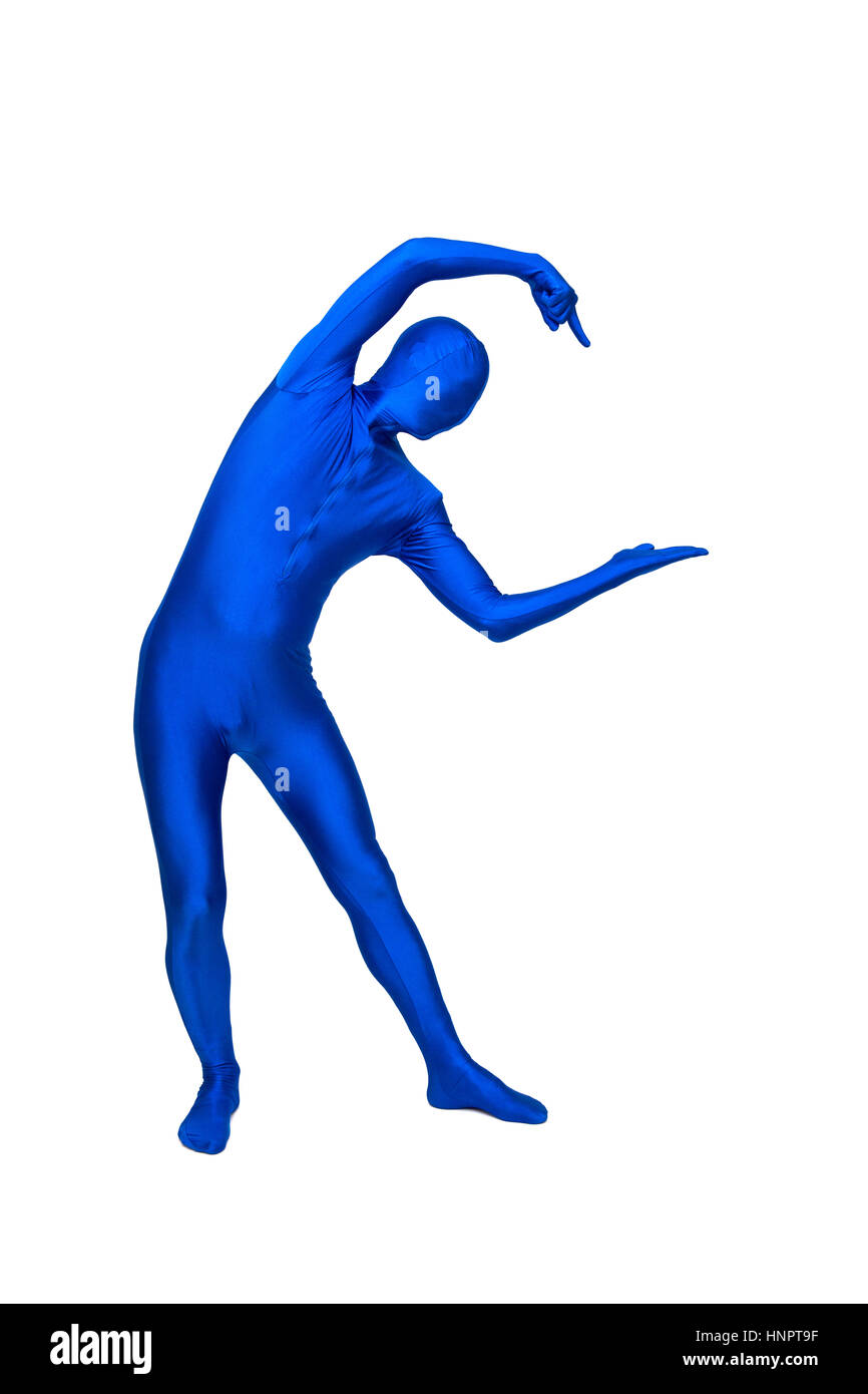 Misterioso uomo blu in morphsuit gesti con le mani Foto Stock