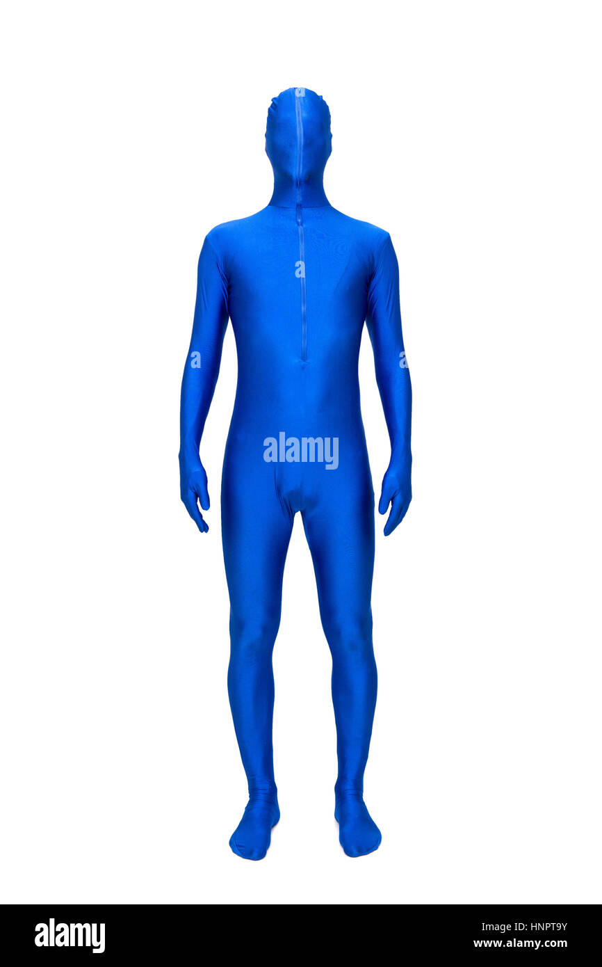 Lato anteriore blu misterioso uomo in morphsuit Foto Stock