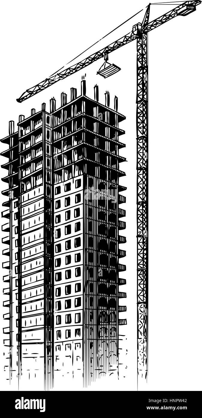 Sito in costruzione con gru, illustrazione vettoriale. Disegnata a mano edificio, schizzo della casa Illustrazione Vettoriale