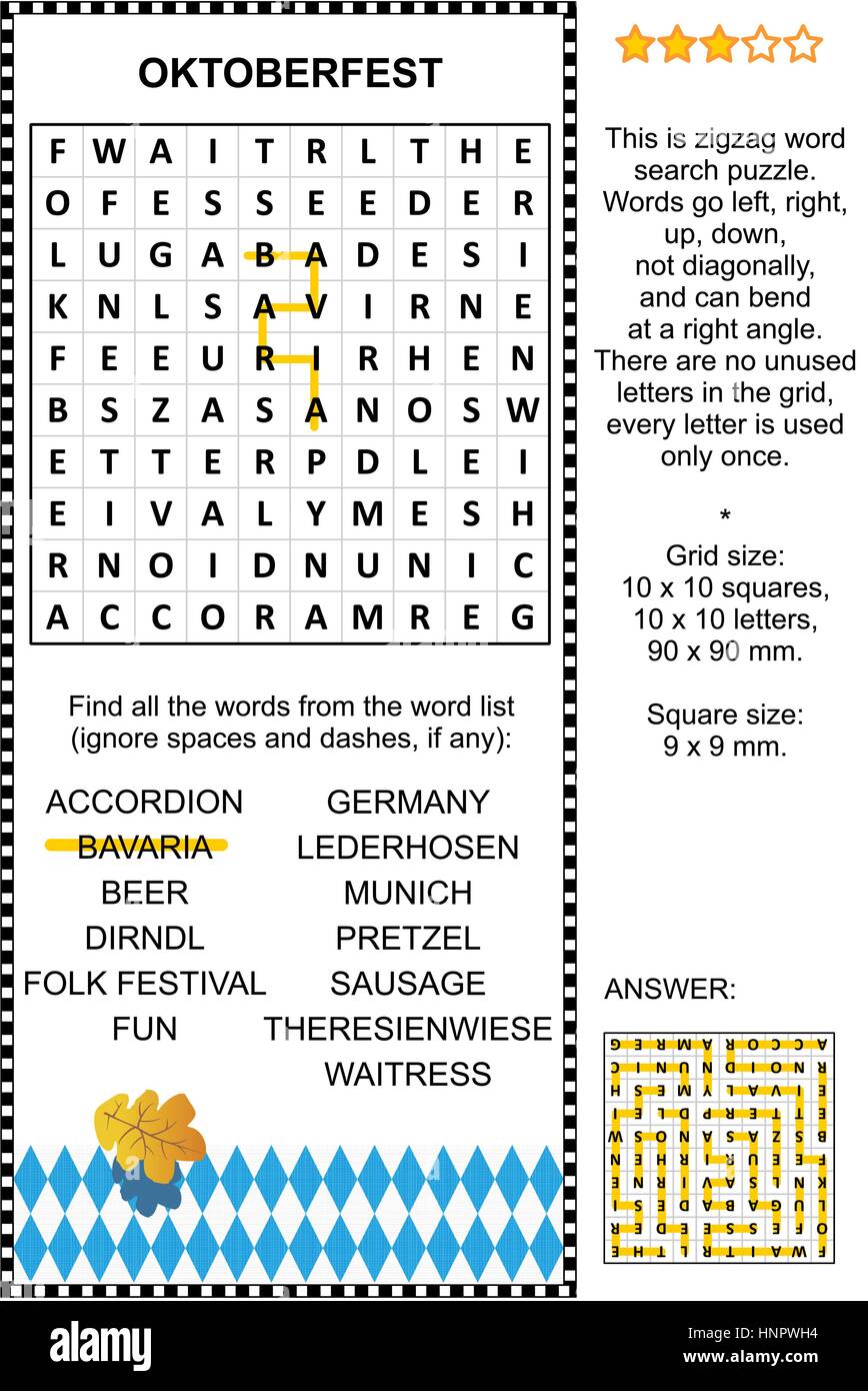 Oktoberfest themed puzzle di ricerca di parola (lingua inglese). Risposta inclusa. Illustrazione Vettoriale