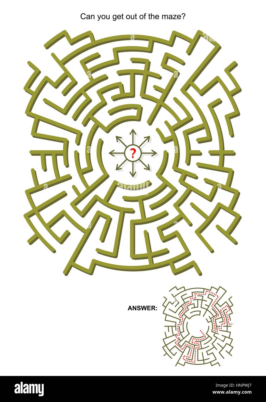 Gioco labirinto per bambini o adulti: potete uscire dal labirinto? Le risposte sono inclusi. Illustrazione Vettoriale