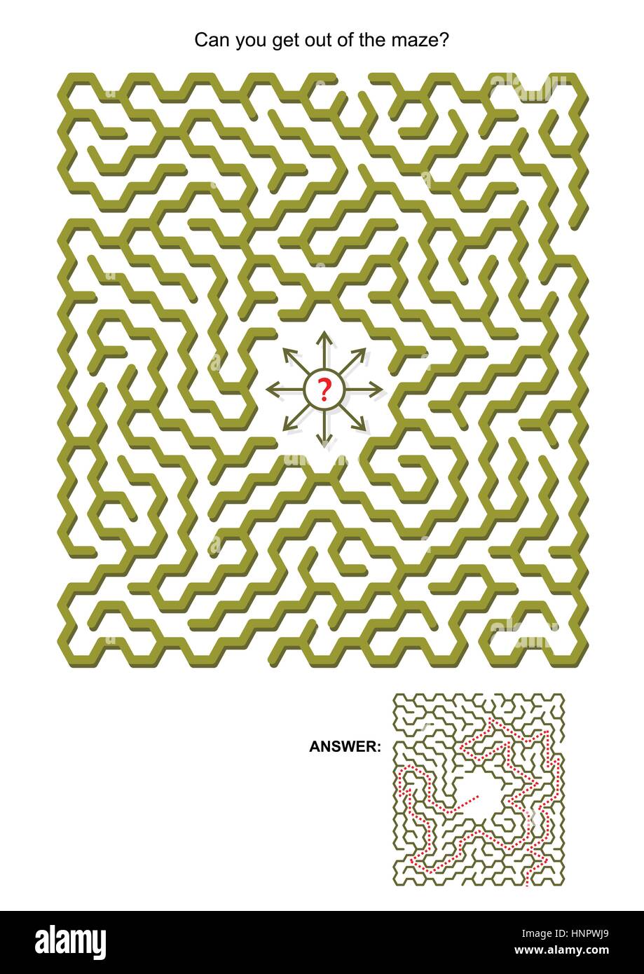 Gioco labirinto per bambini o adulti: potete uscire dal labirinto? Le risposte sono inclusi. Illustrazione Vettoriale
