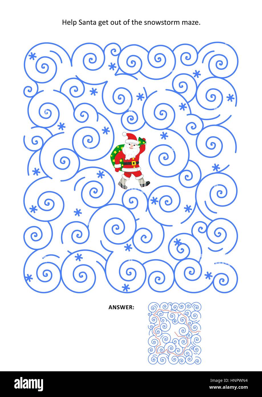 Natale o Capodanno gioco labirinto: Help Santa uscire dalla tempesta di neve labirinto. Risposta inclusa. Illustrazione Vettoriale