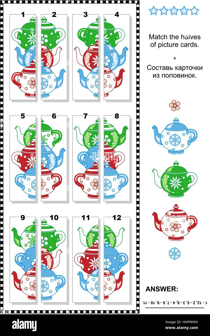 Visual puzzle: corrisponde alla metà delle schede raffiguranti colorato di teiere. Risposta inclusa. Illustrazione Vettoriale