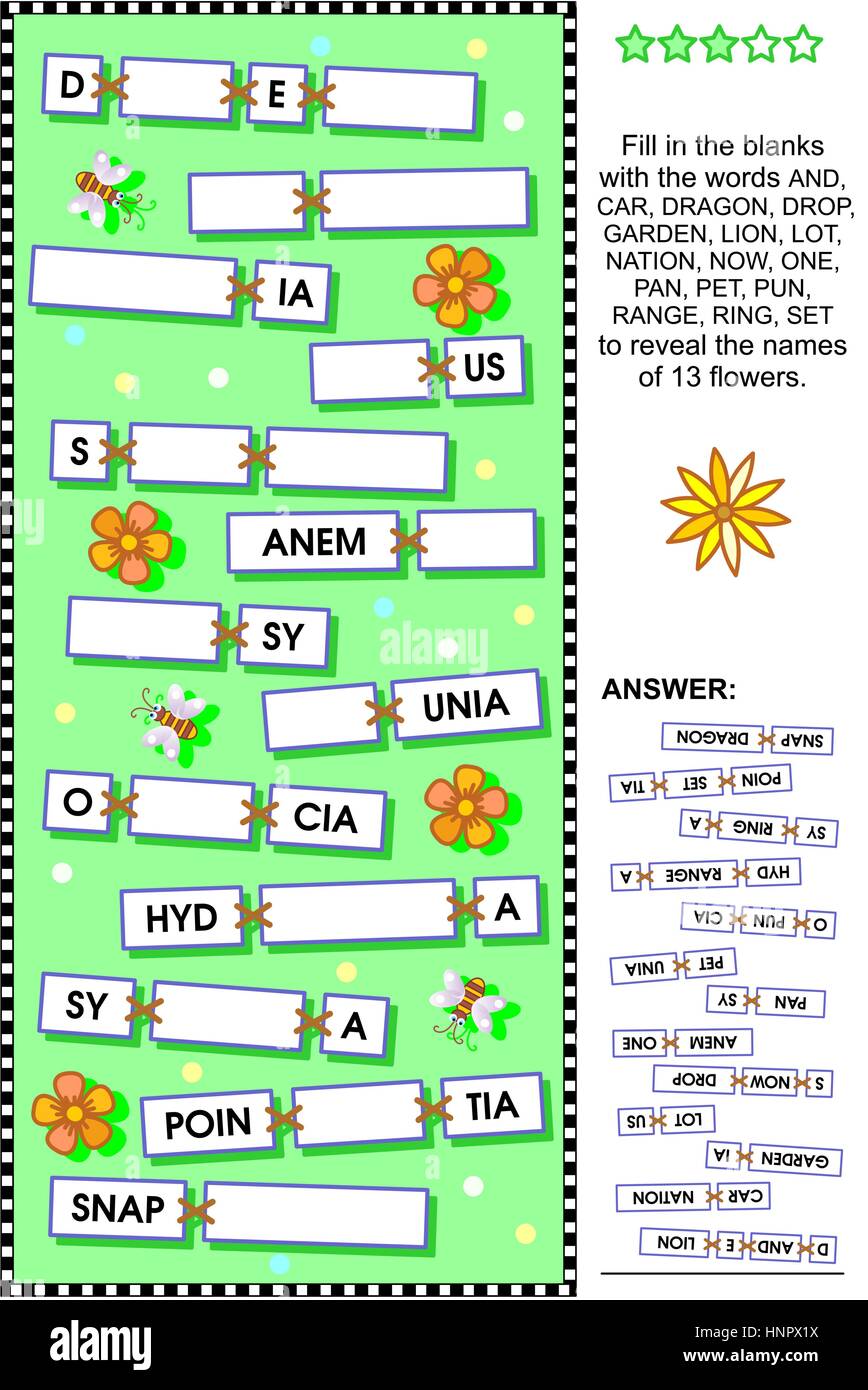 Puzzle di parola o word Gioco: indovinare i nomi di fiori diversi. Risposta inclusa. Illustrazione Vettoriale