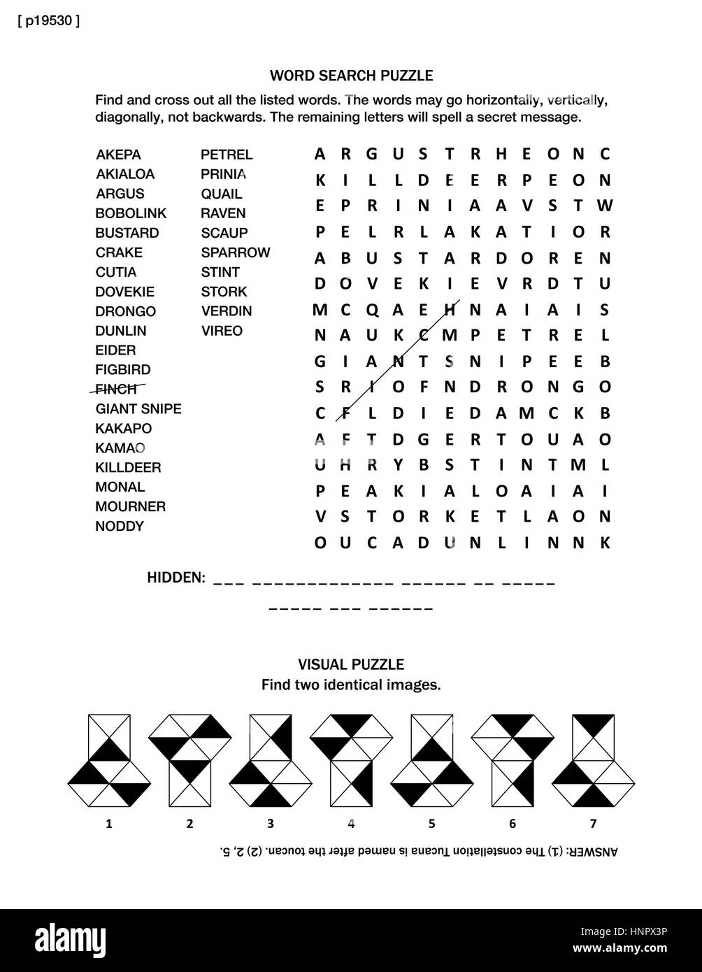 Pagina di puzzle con gli uccelli themed puzzle di ricerca di parola (lingua inglese) e visual riddle. Bianco e nero, A4 o formato letter. Risposta inclusa. Illustrazione Vettoriale