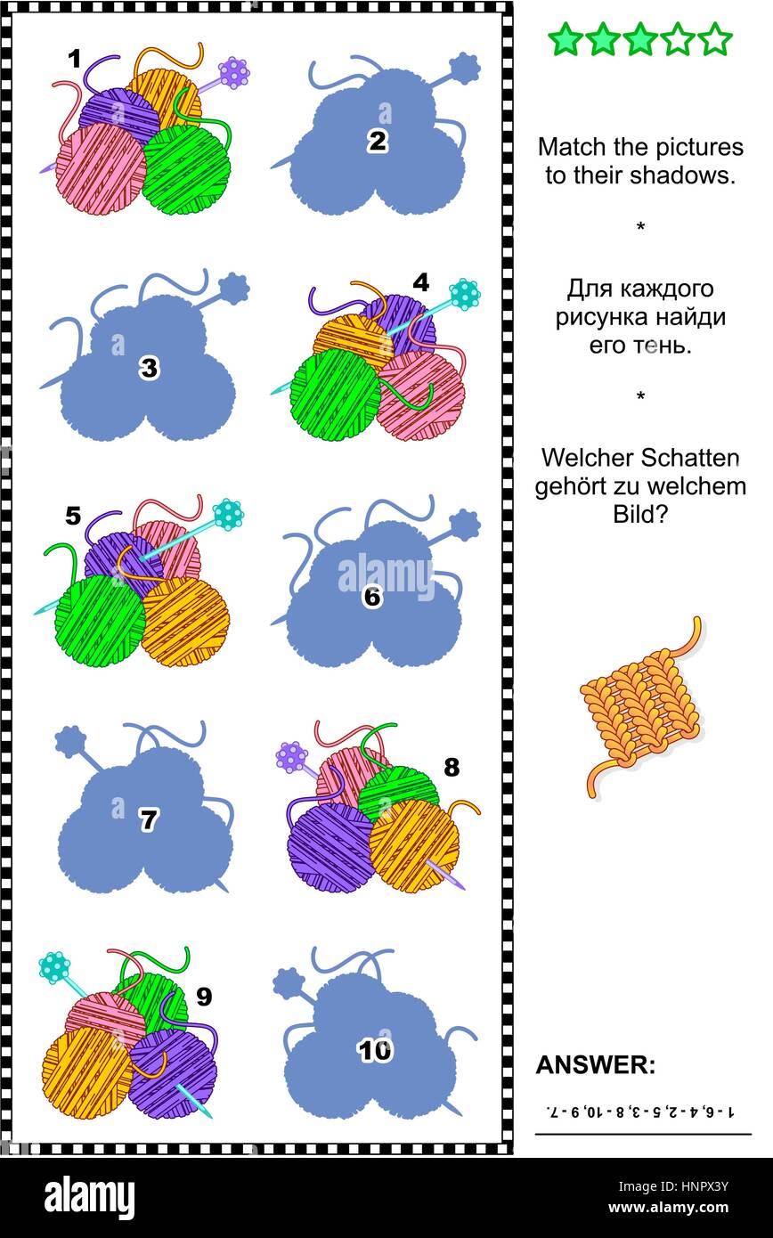 Visual puzzle: abbinare le immagini di filato bugne e aghi di vetro per le loro ombre.Risposta inclusa. Illustrazione Vettoriale