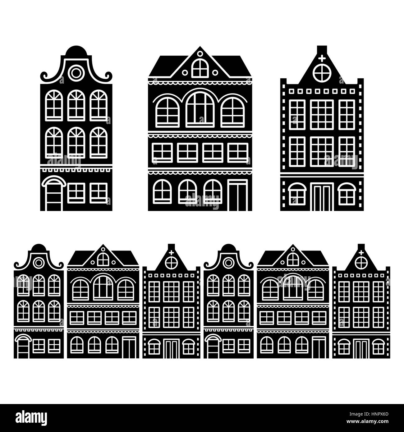 Case di Amsterdam, edifici Olandese, Olanda o Paesi Bassi archictecture icone Illustrazione Vettoriale