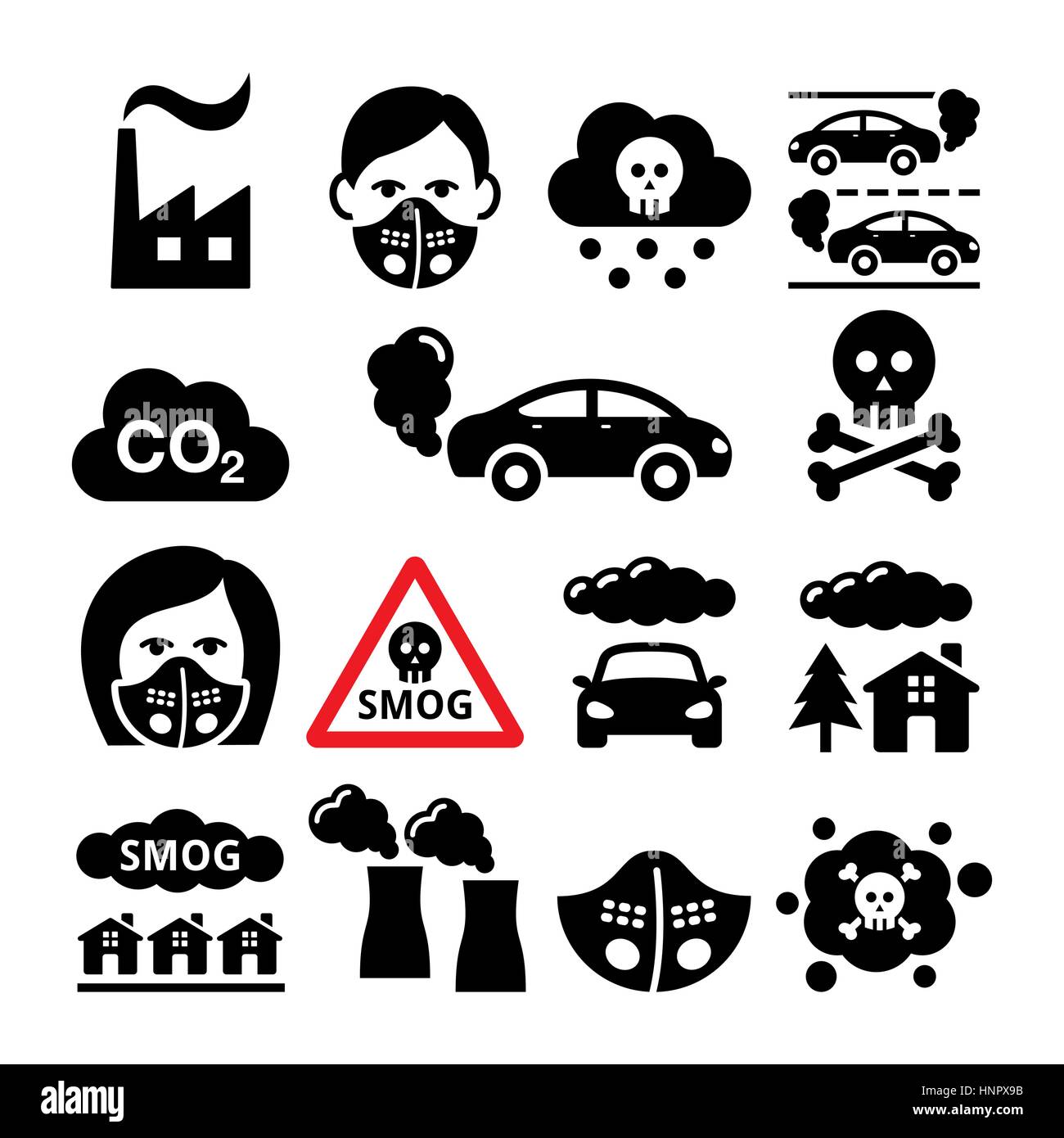 Lo smog, inquinamento set di icone - Ecologia, Ambiente nozione Illustrazione Vettoriale
