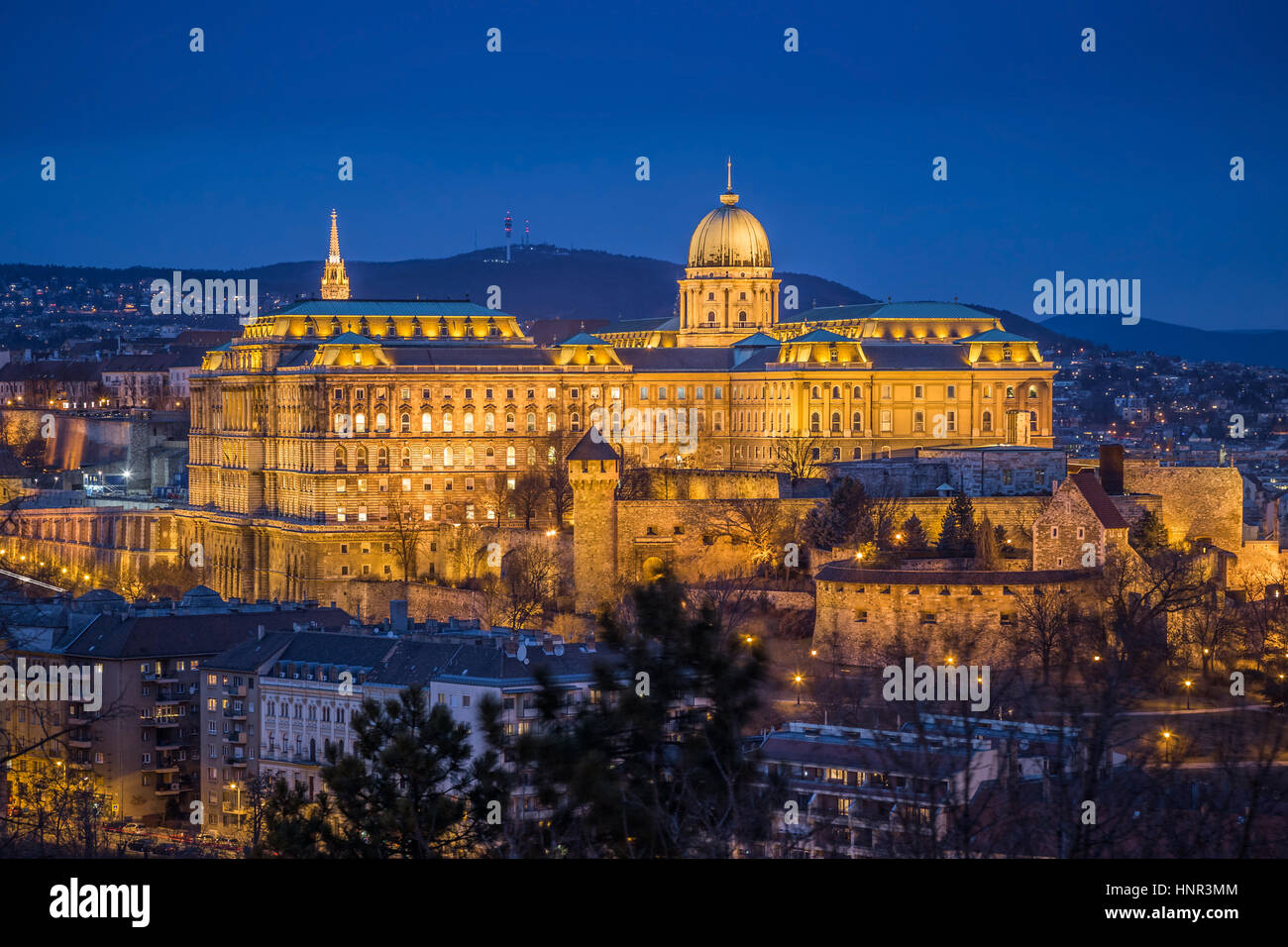 Budapest, Ungheria - il bellissimo Castello di Buda (Palazzo Reale) come visto dalla collina Gellert illuminato nel periodo invernale a blue ora Foto Stock