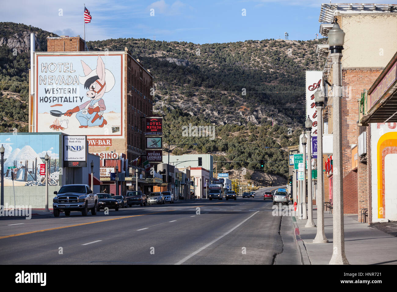 Ely, Nevada, Stati Uniti d'America - 16 Ottobre 2016: Storico Ely quartiere degli affari rurali in Nevada orientale. Foto Stock
