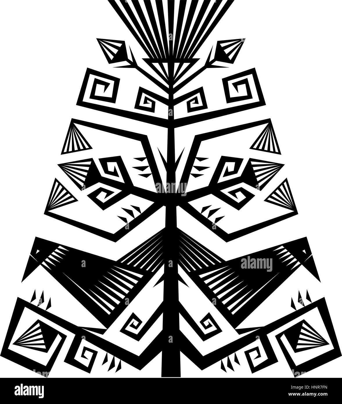 Arte geometrica composizione con fiori e uccelli. Bianco e nero silhouette di vettore. Isolato su bianco. Illustrazione Vettoriale