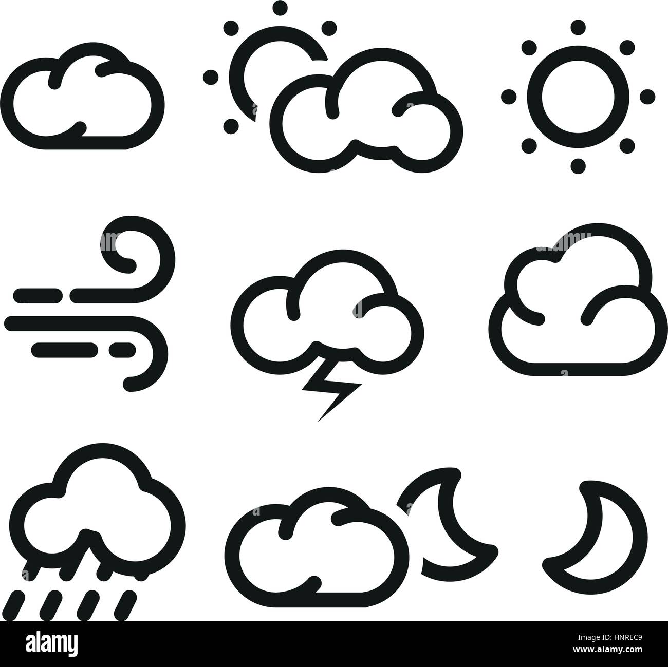 Isolato in bianco e nero gli elementi di colore di previsioni meteo raccolta di icone in stile lineart. Illustrazione Vettoriale