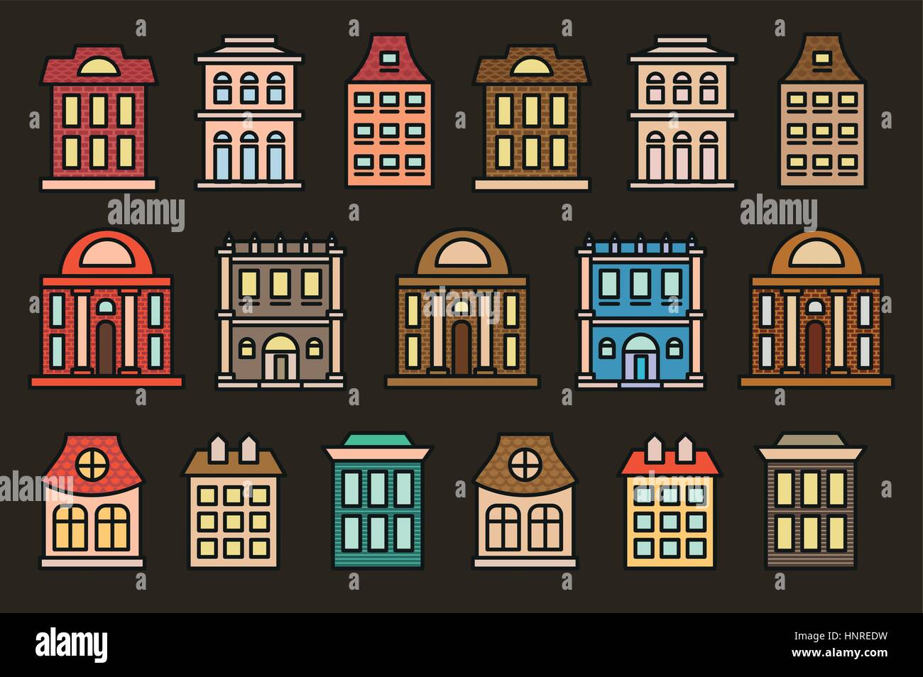 Colorate isolato di bassa altezza di case comunali in stile lineart raccolta di icone, elementi urbano di edifici architettonici illustrazioni vettoriali set. Illustrazione Vettoriale