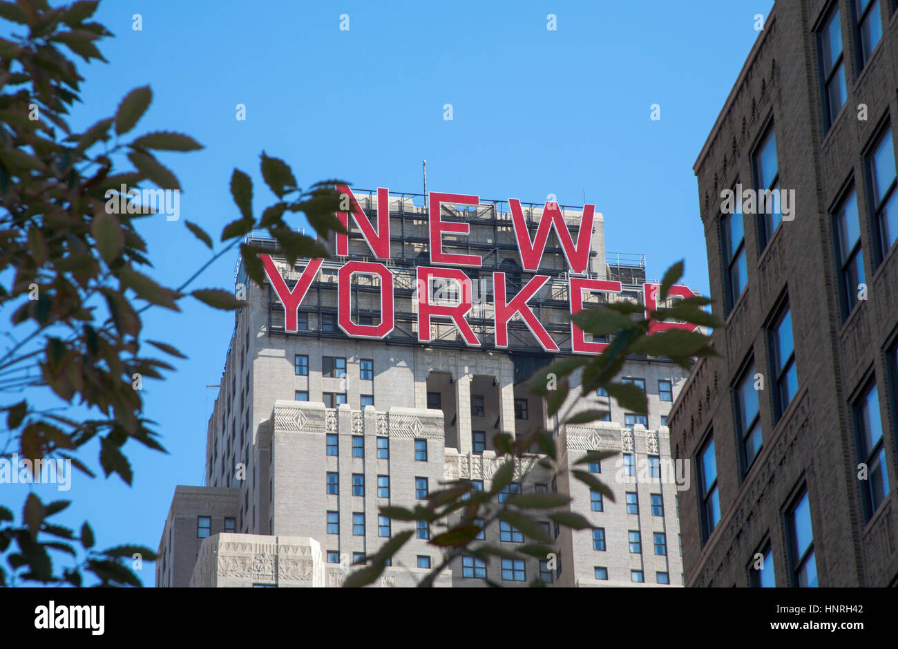 Il New Yorker segnale illuminato dalla linea alta acceso tra Chelsea e il Meatpacking District manhattan new york city usa Foto Stock