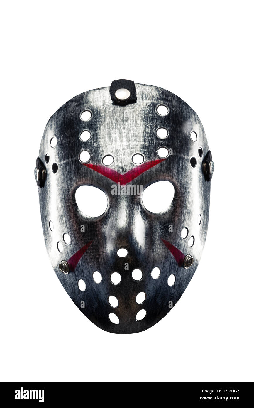 Orribile nero maschera di hockey del serial killer con strisce di sanguinose isolati su sfondo bianco. Foto Stock