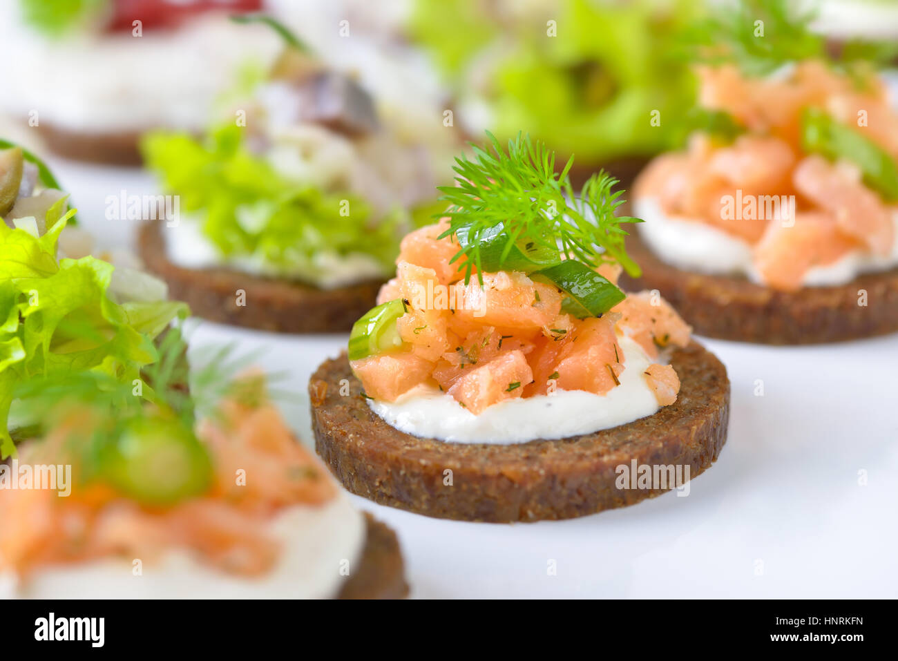 Gustoso pesce finger food con salmone affumicato tartaro su di rafano, mousse di trota con mirtilli e insalata di aringhe sul pane pumpernickel Foto Stock