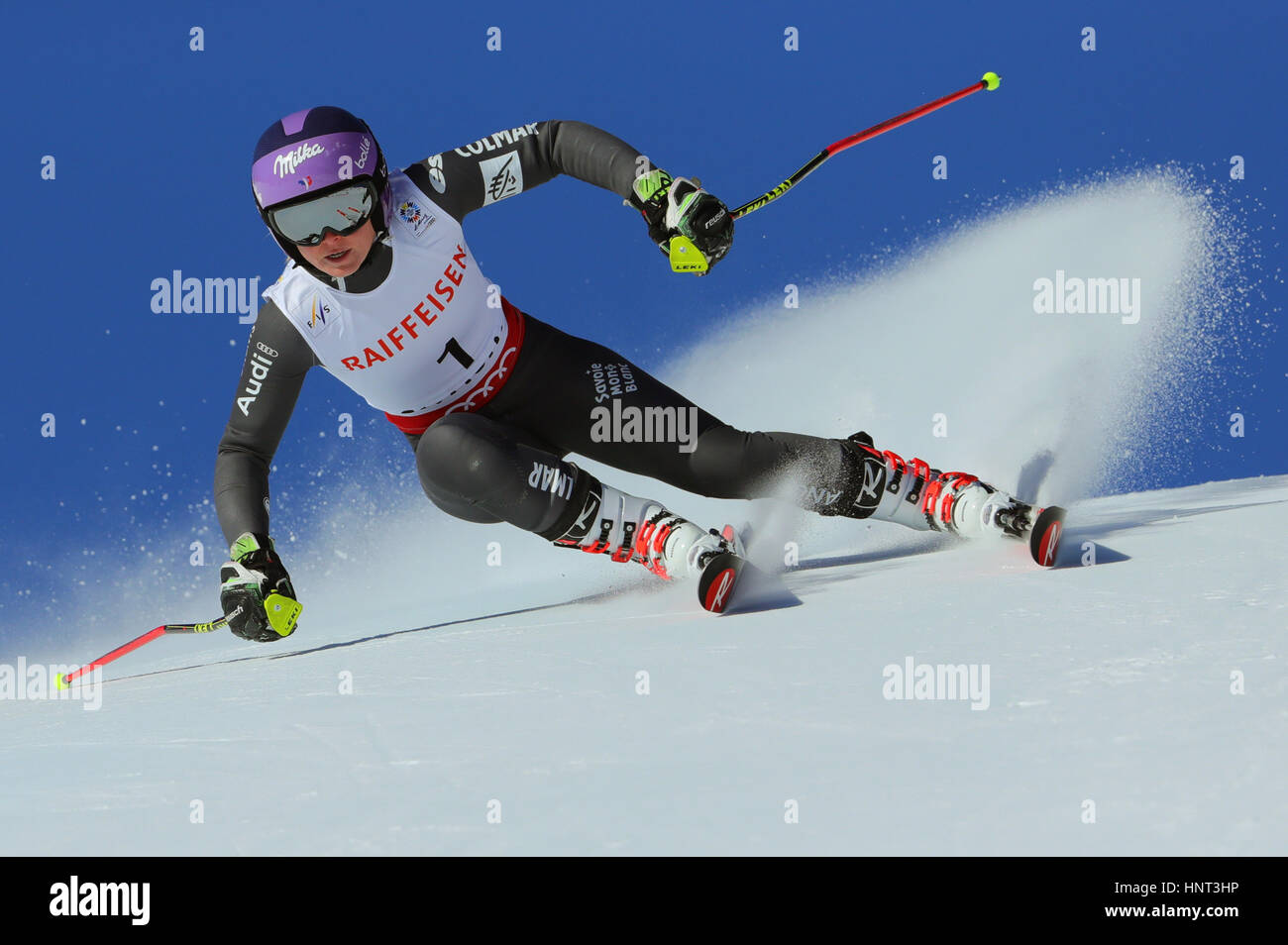 San Moritz, Svizzera. Xvi Feb, 2017. Atleta francese Tessa Worley in azione a Mondiali di sci alpino a San Moritz, Svizzera, 16 febbraio 2017. Foto: Michael Kappeler/dpa/Alamy Live News Foto Stock