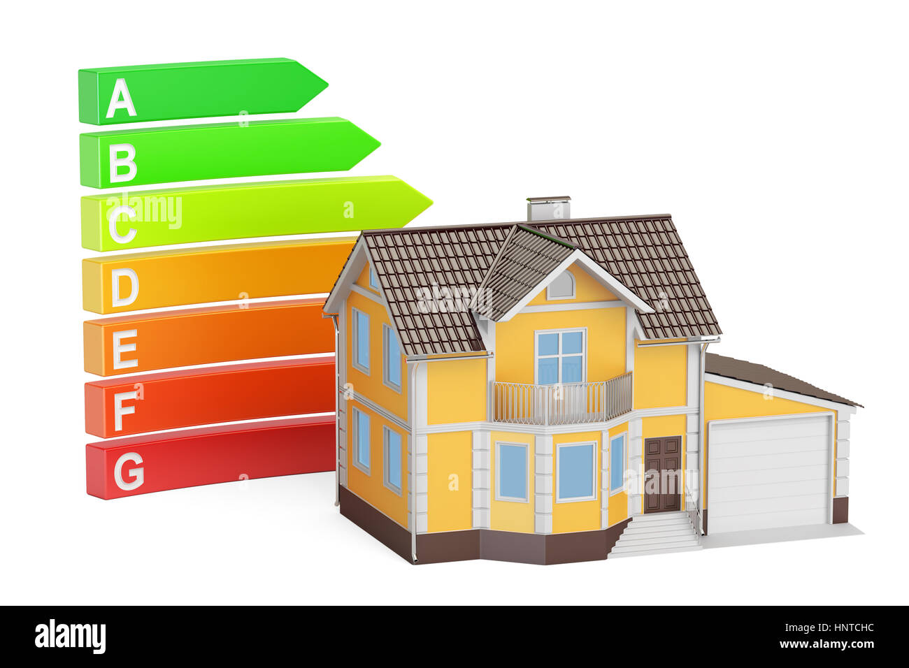 Efficienza energetica grafico con casa. Il risparmio energetico il concetto di consumo, rendering 3D Foto Stock