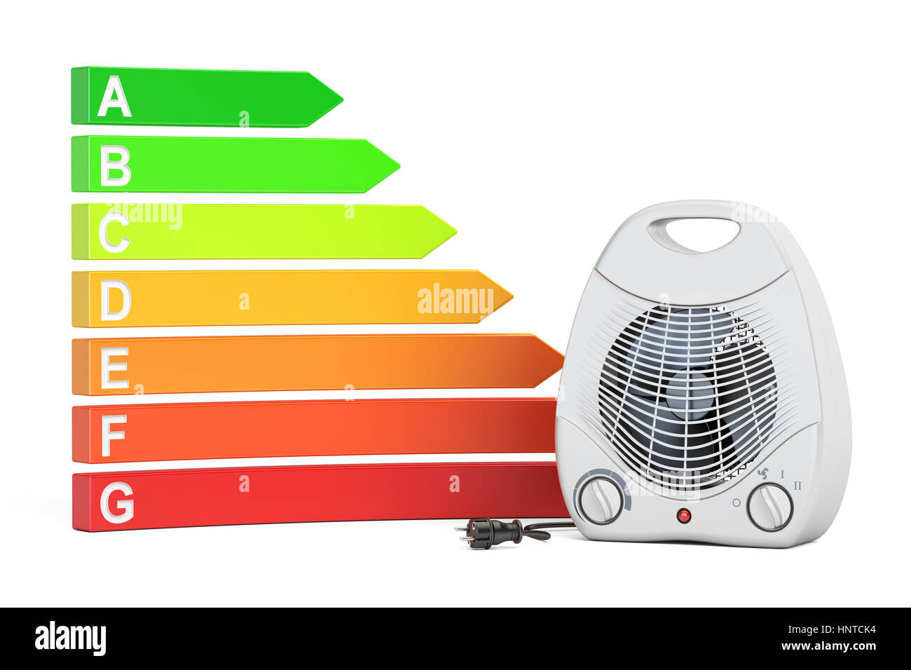 Il risparmio energetico il concetto di consumo. Efficienza energetica grafico con riscaldamento a ventola, rendering 3D Foto Stock
