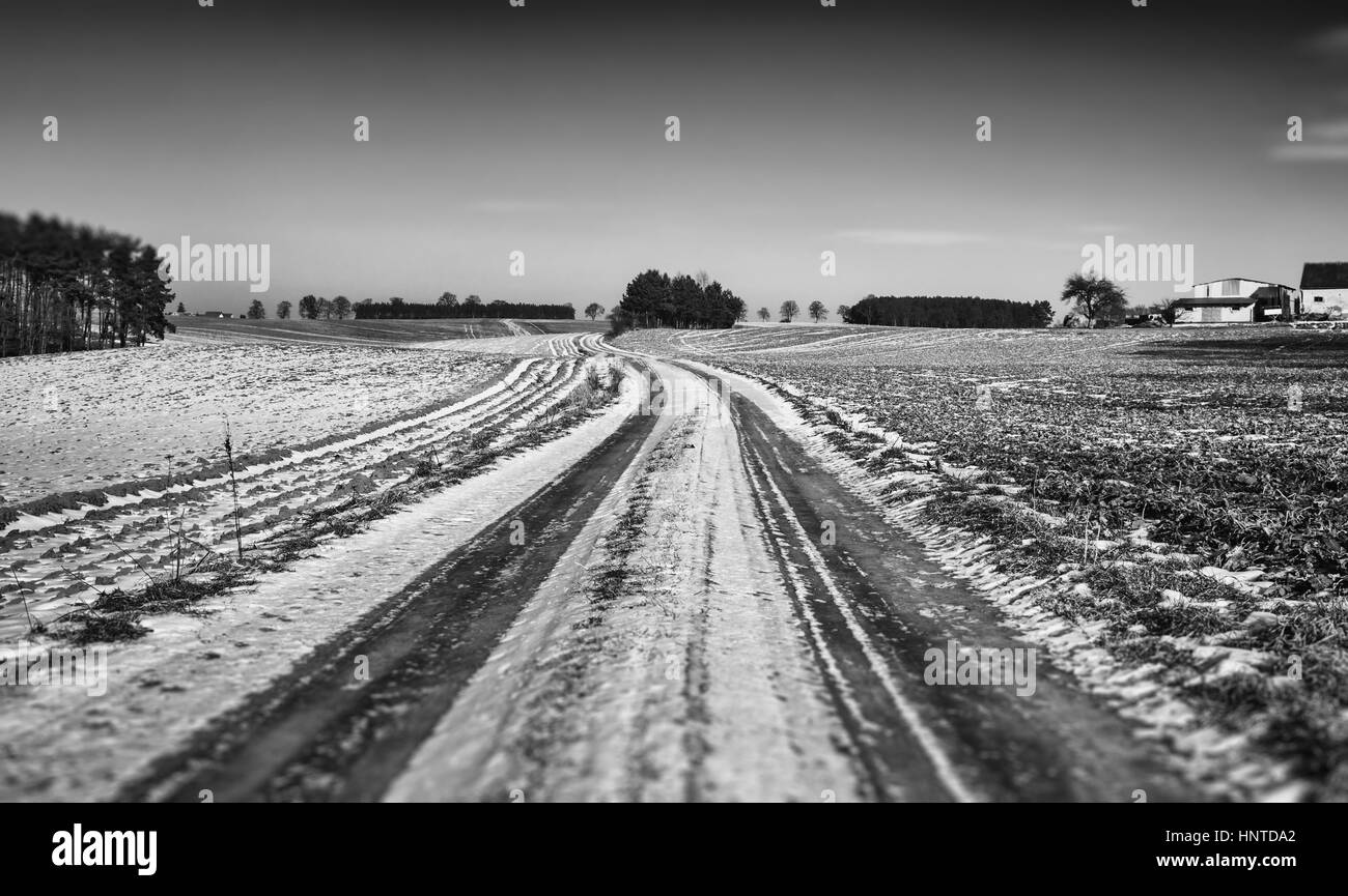 Scenic strada di campagna attraverso i terreni agricoli in inverno Foto Stock