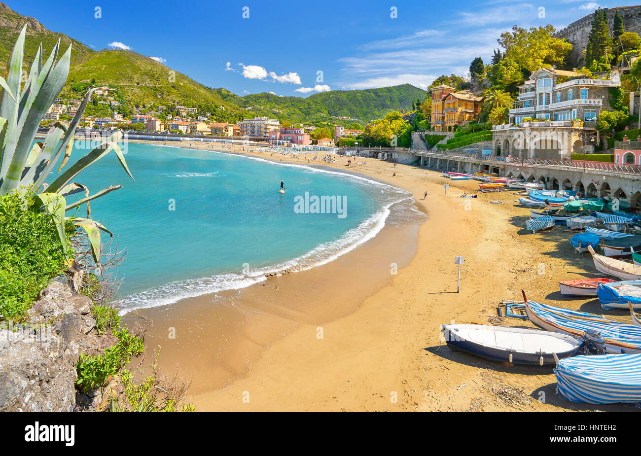 La spiaggia di Levanto, Riviera de Levanto, Cinque Terre Liguria, Italia Foto Stock