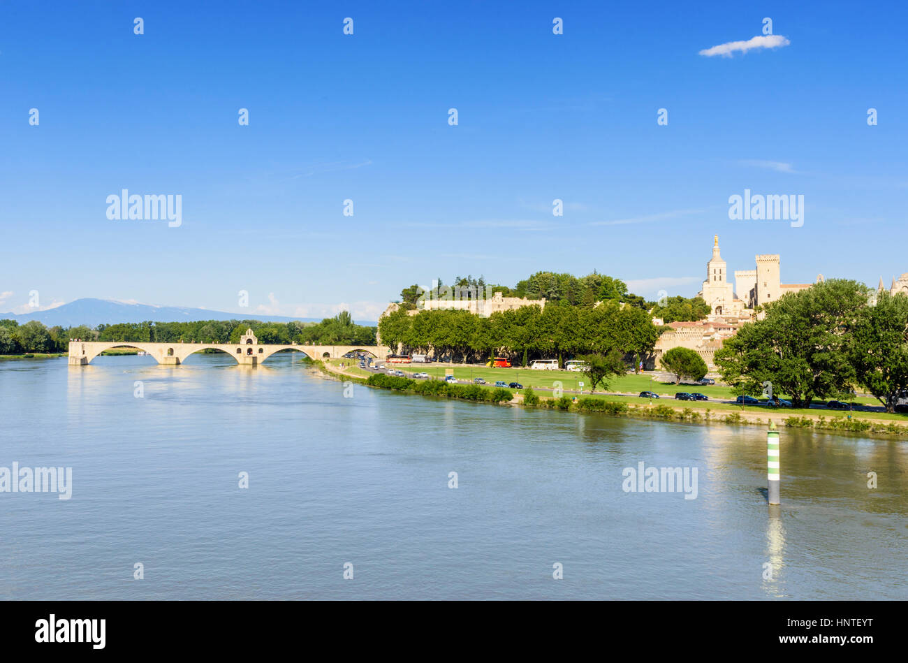 Pont Saint-Bénézet e Cattedrale di Avignone in distanza, Avignon, Francia Foto Stock