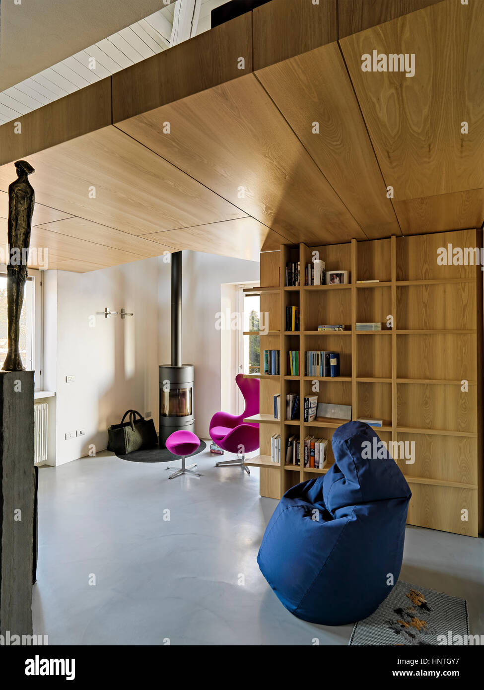 Vista interna di un moderno soggiorno con libreria e stufa il cui pavimento è realizzato in calcestruzzo Foto Stock