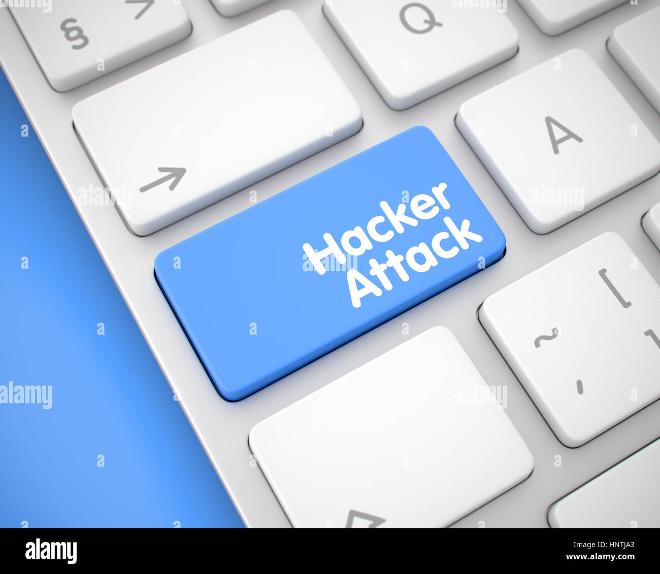 Attacco Hacker - iscrizione sul blu pulsante della tastiera. 3D. Foto Stock