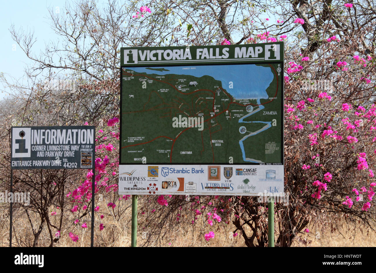 Informazioni turistiche Mappa a Victoria Falls nello Zimbabwe Foto Stock