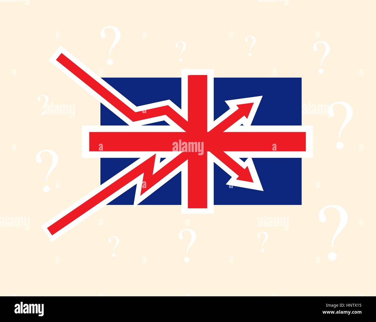 La rottura in su e in giù le tendenze come bandiera britannica Gran Bretagna politica crisi economica simbolo con il punto interrogativo sul background. Concetto di vettore illustra Illustrazione Vettoriale