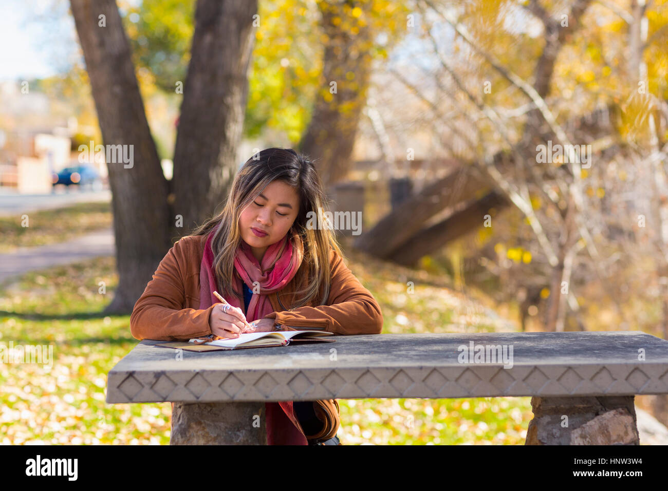 Donna asiatica iscritto nella gazzetta ufficiale sulla tavola in autunno Foto Stock