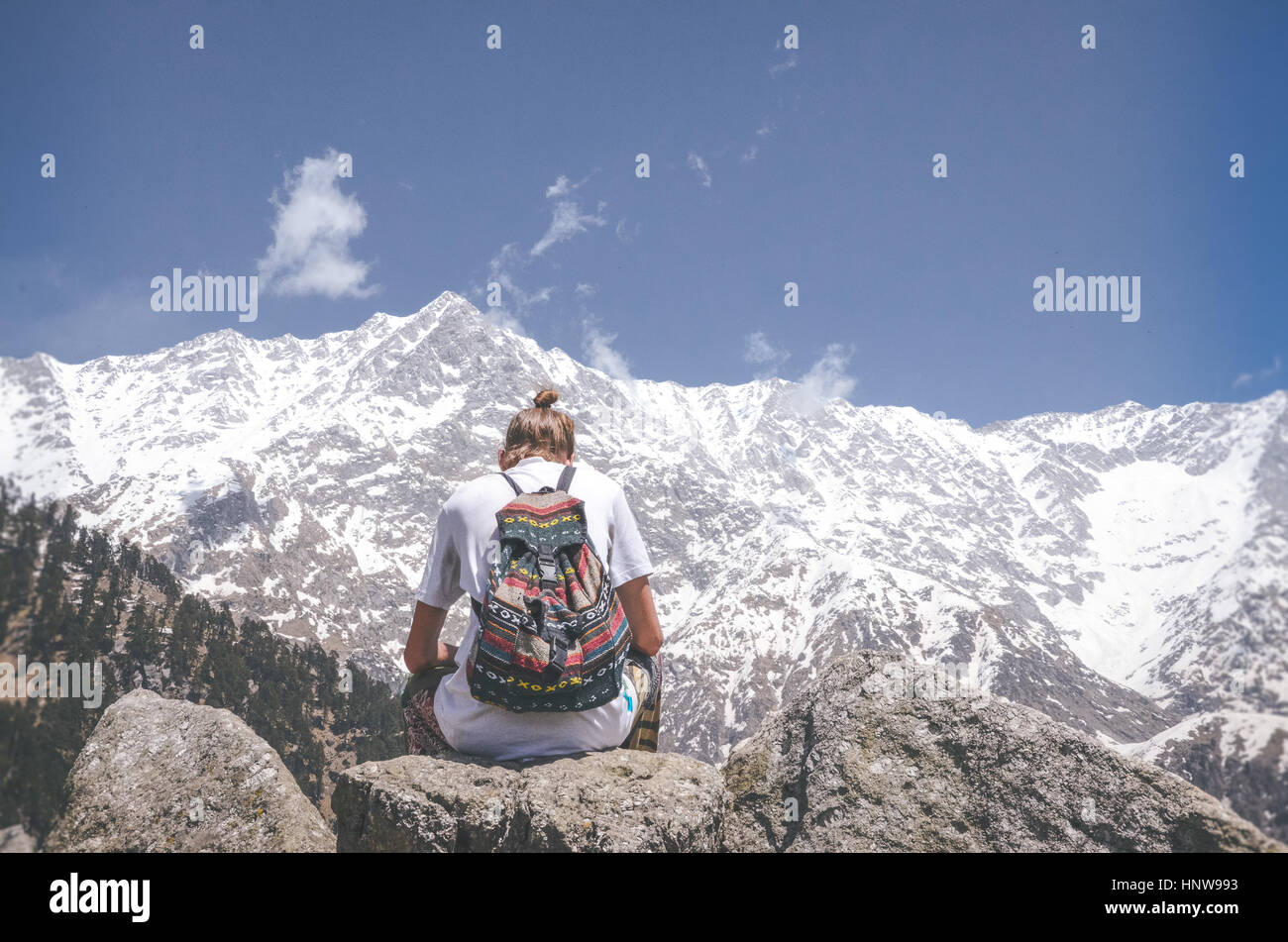 Persona che viaggia da sola da massicce Himalaya Foto Stock