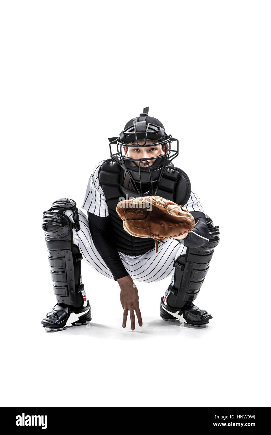 Il baseball catcher in attesa di una sfera Foto Stock