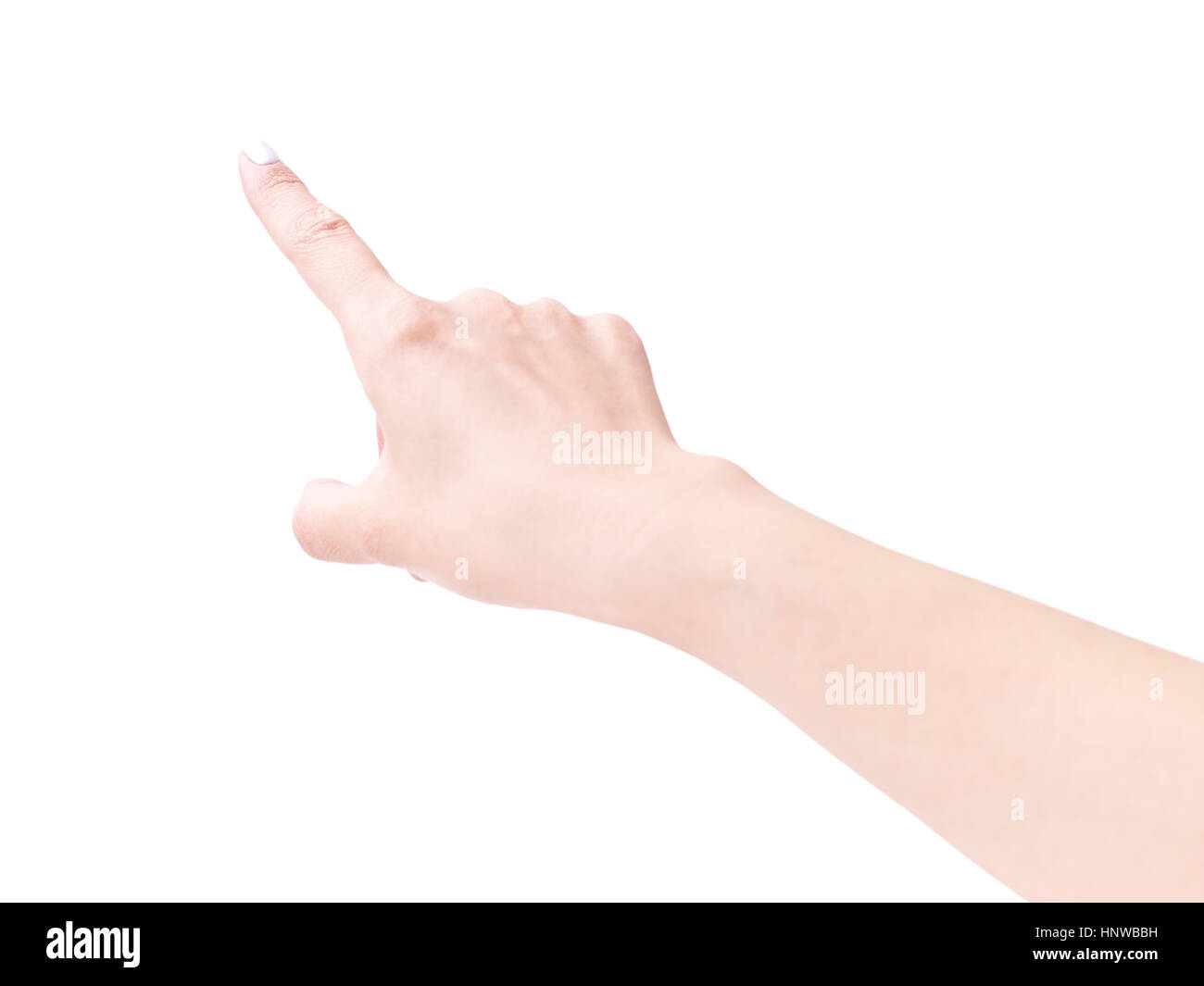 Femmina la mano con il dito indice punto verso l'alto isolato su sfondo bianco. Foto Stock