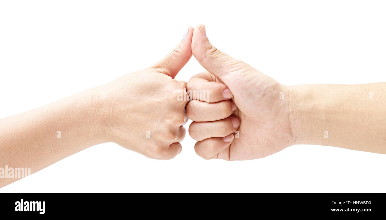 Due mani con i pollici premuti insieme, isolato su sfondo bianco. Foto Stock