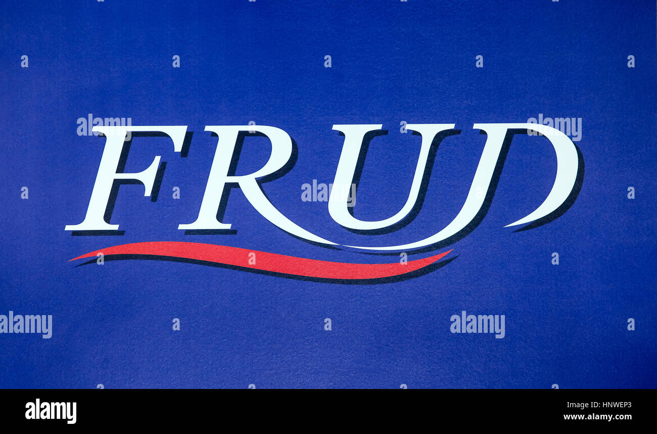 Frud ingegneria sanitaria logo aziendale. Adesivo stampato lettere Foto Stock