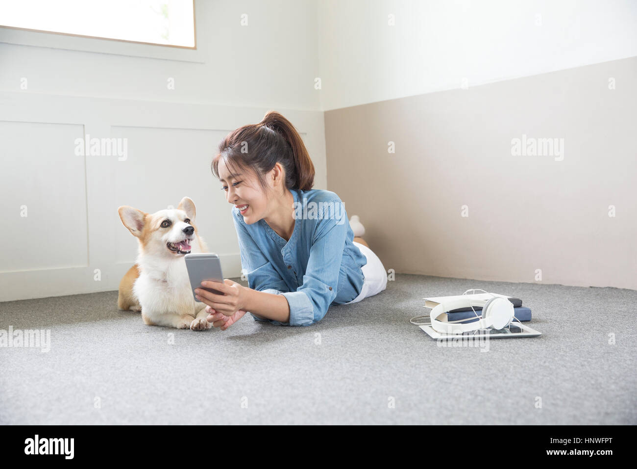 Donna sorridente che mostra smartphone per cane Foto Stock