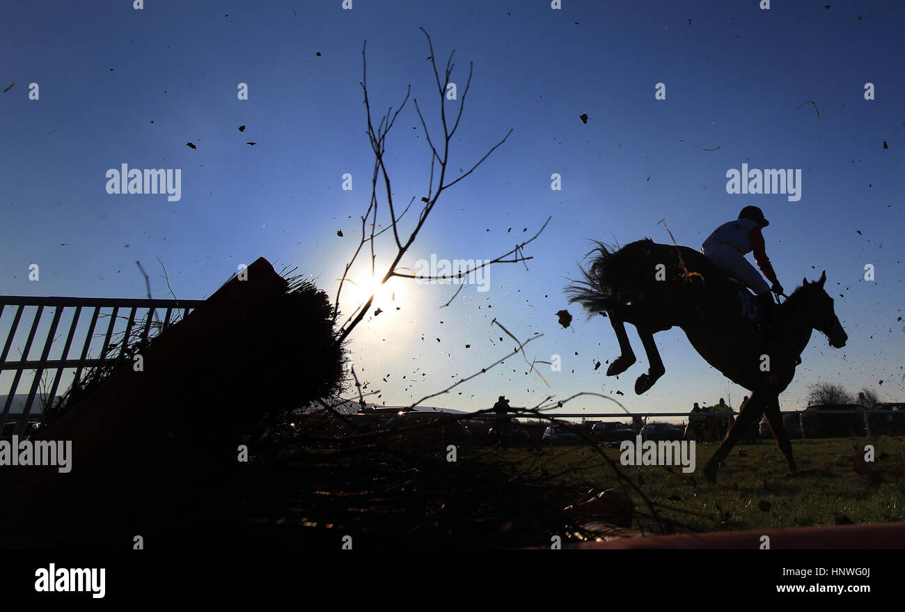 Azione al 2° da ultimo come ostacolo recinto crolla nel corso della ROA/Racing Post proprietari Jackpot piloti amatoriali Handicap Hurdle ha vinto solo da Joelliott cavalcato da Mr J.J O'Neil a Ludlow Racecourse. Stampa foto di associazione. Picture Data: mercoledì 25 gennaio, 2017. Foto di credito dovrebbe leggere: Nick Potts/PA FILO Foto Stock