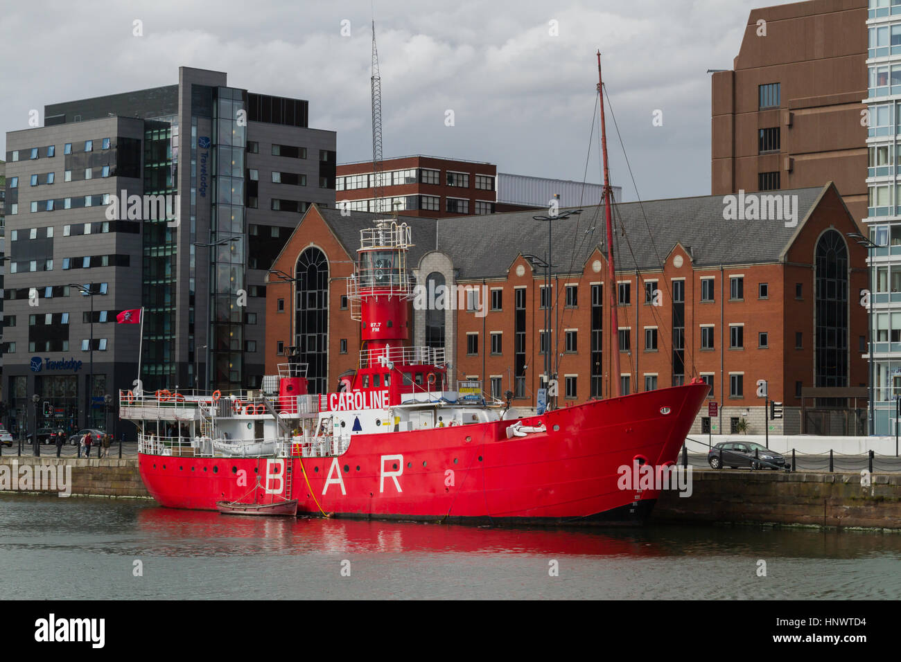 La Radio Caroline lightship chiamato Pianeta ormeggiato sul Dock di inscatolamento ex Mersey Bar lightship è stata utilizzata per trasmettere offshore radio pirata Foto Stock