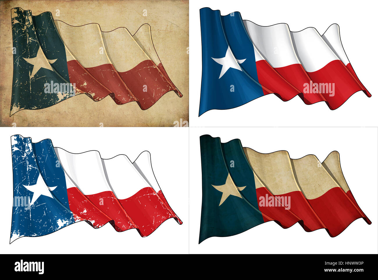 Serie di illustrazioni di un sventola bandiera texano in diverse varianti. Foto Stock