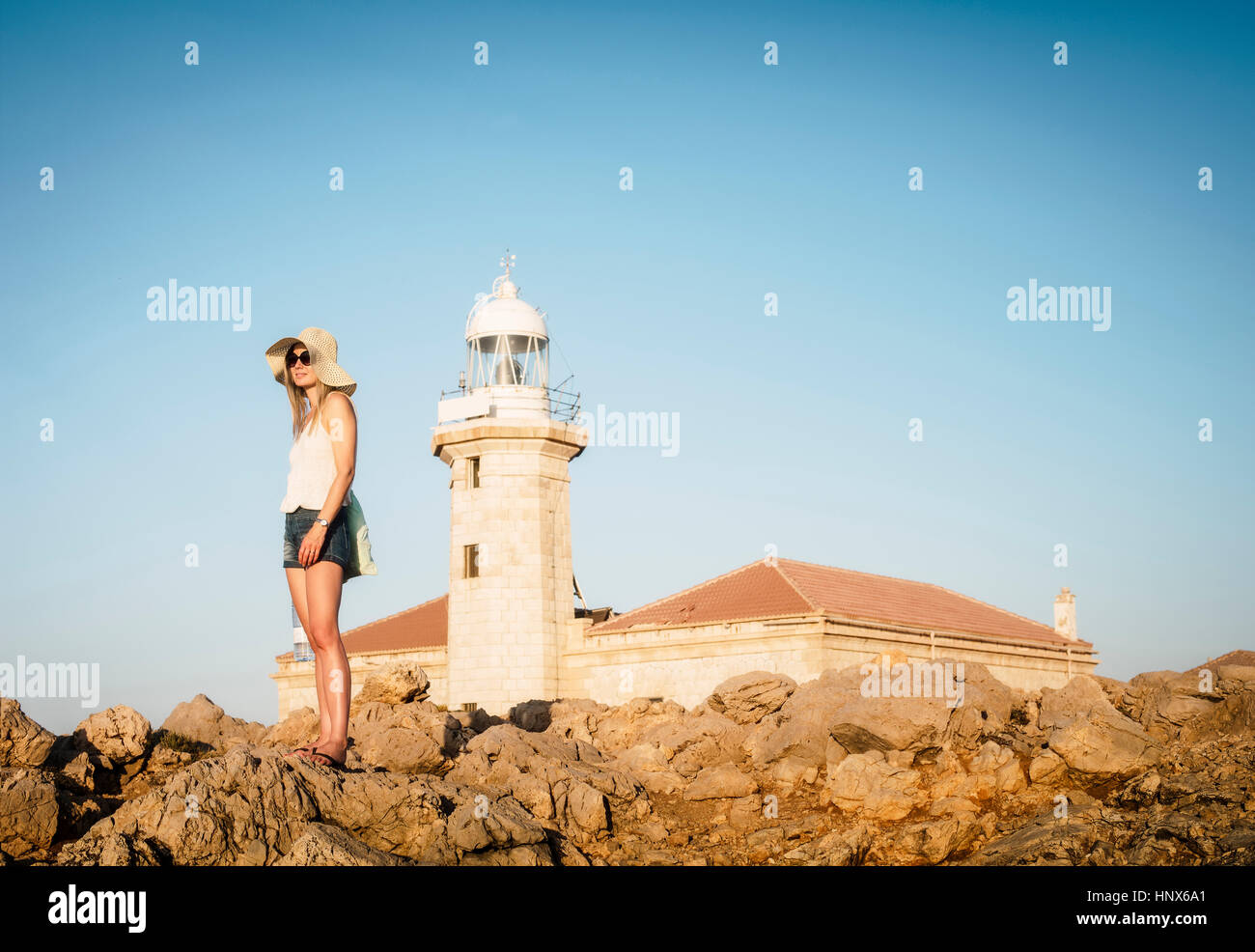 Donna di punta nati lighthouse, Ciutadella, Menorca, Spagna Foto Stock