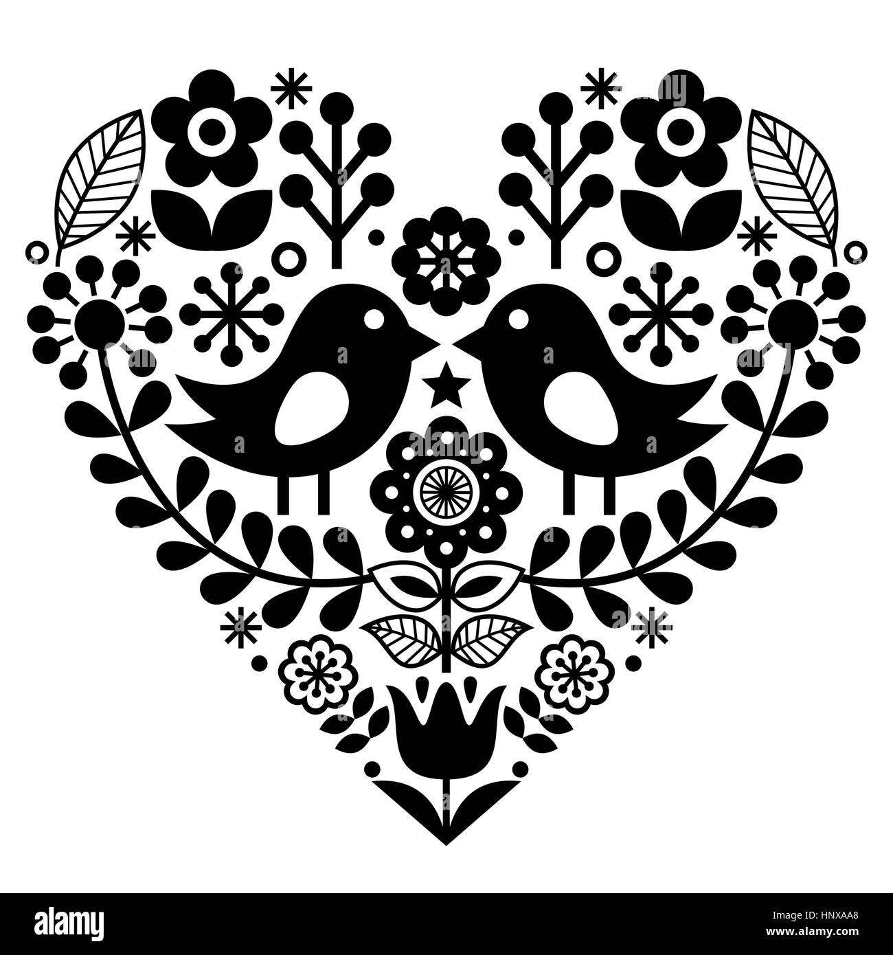 Arte popolare pattern con uccelli e fiori - finlandese ispirato, il giorno di San Valentino Illustrazione Vettoriale