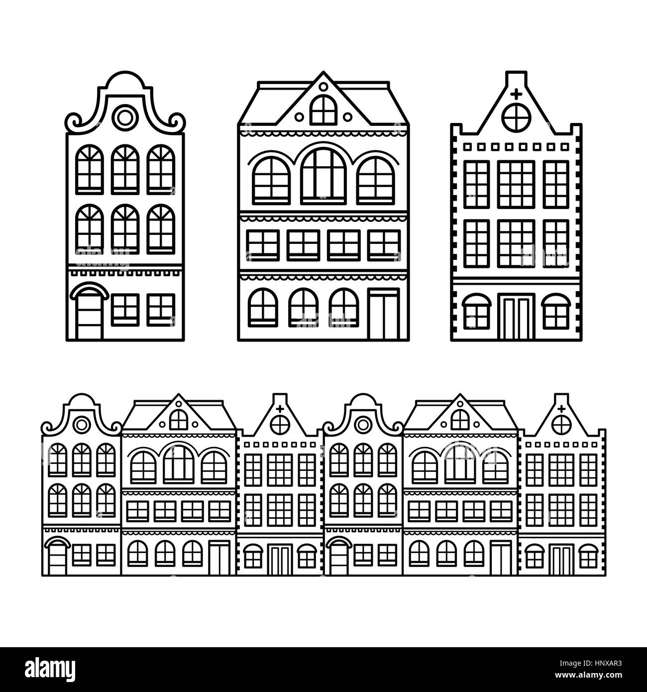 Case olandesi, edifici di Amsterdam, Olanda o Paesi Bassi archictecture icone Illustrazione Vettoriale