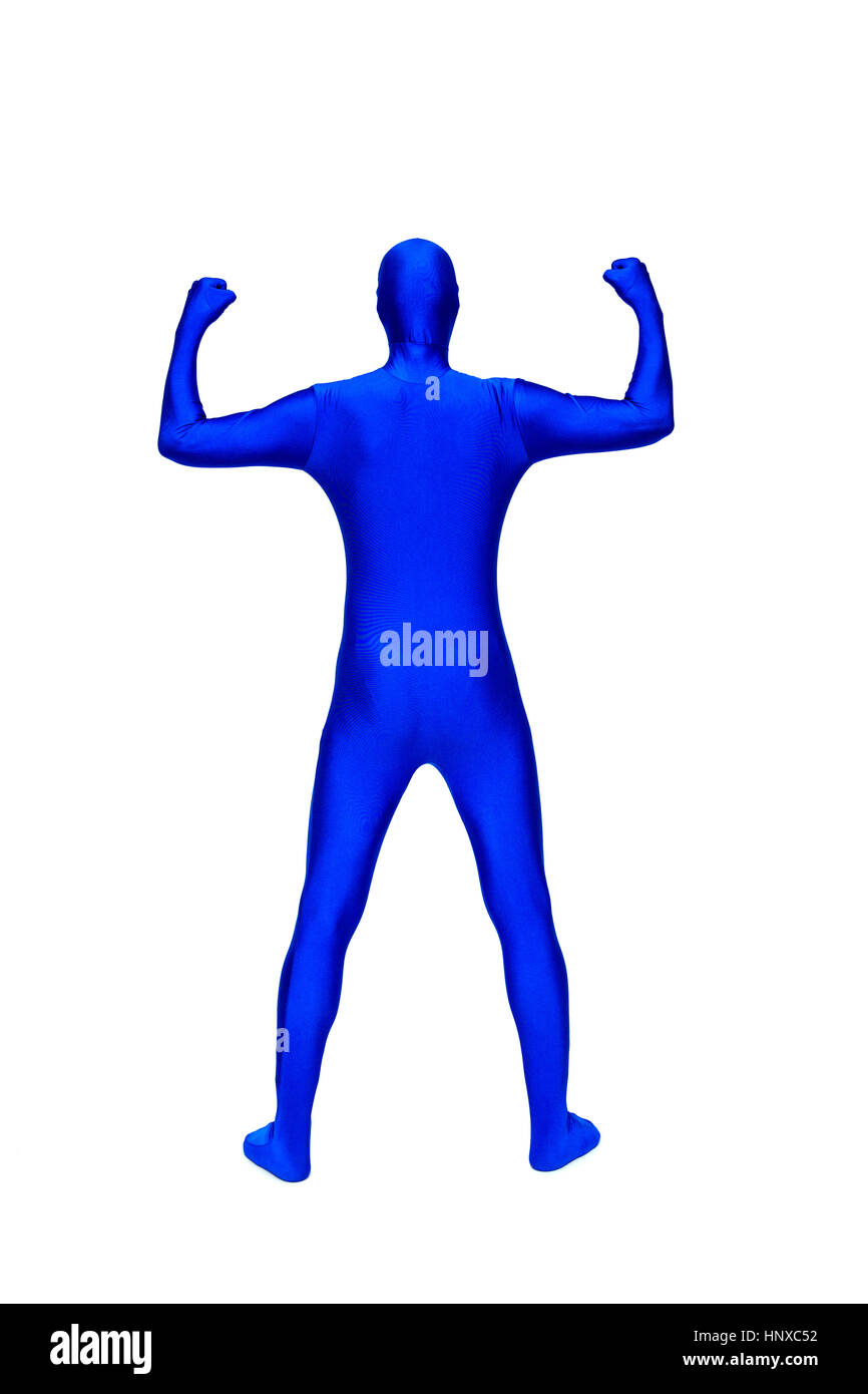 Misterioso uomo blu in morphsuit gesti con le mani Foto Stock